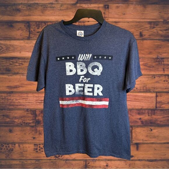 5 for $25🔥Medium Delta Pro Weight "Will BBQ for Beer" Navy Blue T-Shirt - Picture 1 of 5
